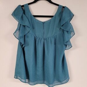 Maeve Anthropologie Teal Gingham Ruffle Cold Shoulder Blouse Top Size 12